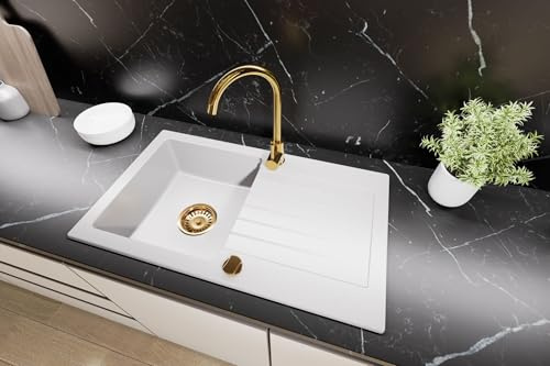Faizee Home | Granitspüle 75x44 Küchenspüle Gold Granit Spülbecken für Unterschrank ab 45 cm inkl. Siphon Set Weiß