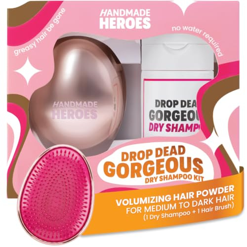 Handmade Heroes Trockenshampoo und Bürsten-Set, kein Aerosol, Volumen-Shampoo-Pulver für dunkles und brünettes Haar, 100 % natürlich und vegan, neutrale Kunststoffverpackung