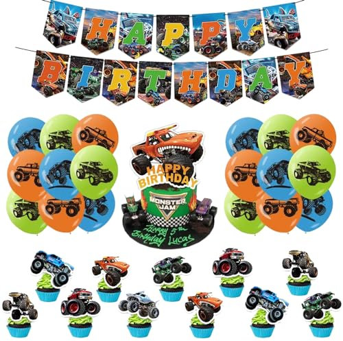 Monster Jam Luftballons Geburtstagsdeko - Deko Set mit Truck Girlande und Kuchentopper