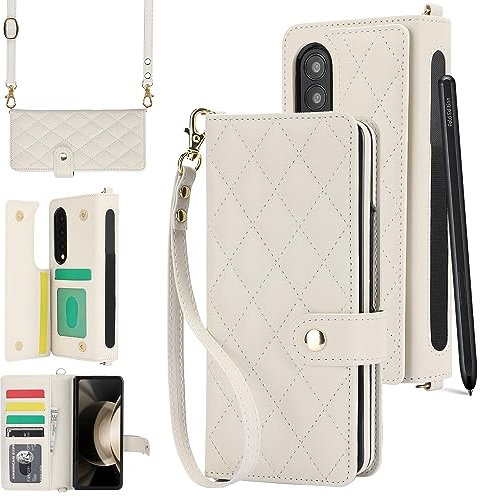 XIZYO pour Samsung Galaxy Z Fold 3 Etui de Téléphone en Portefeuille Cuir avec 2 Lanières Amovibles, avec Porte-Stylo, Luxe Magnétiques Fermoirs Antichoc Rabat Coque avec Porte-Cartes, Blanc