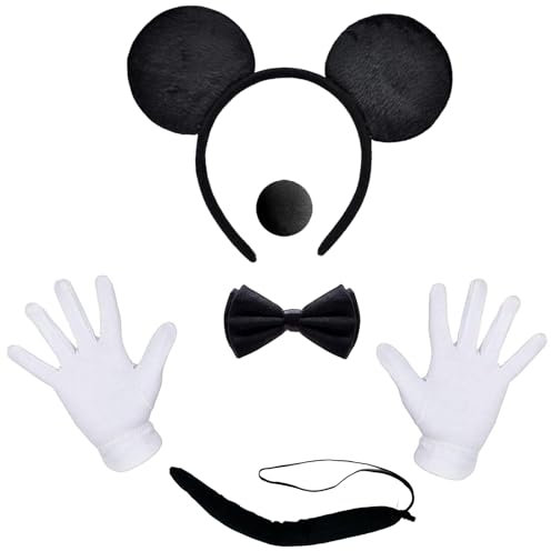 Minnie Kostüm Damen, 5 Stück Maus Ohren Kostüm Set, Maus Ohren, Mickey Haarreifen mit Mouse Ohren, Haarreifen + Handschuhe + Nase + Fliege Schleife, Mini Maus Kostüm Erwachsene, für Cosplay Party