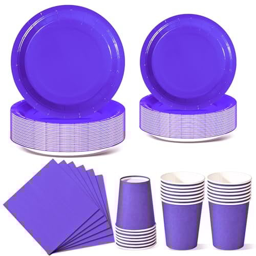 Nkaiso 96 Piezas Morado Claro Vajilla Fiesta Cumpleaños, Platos y Vaso Cumpleaños Infantil, Set de Party Decoración Platos Desechable Servilletas para Navidad, Barbacoas, Fiestas -24 Invitado
