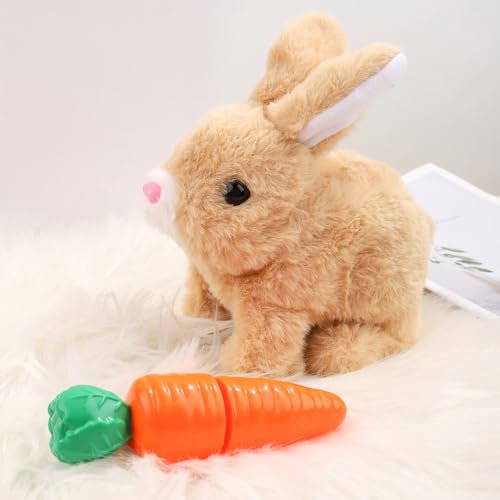 PEUTIER Jouet en Peluche Lapin avec Jouet de Carotte, Jouet Interactif Lapin Électronique Jouet Lapin de Pâques avec Sons Oreilles Agitées Nez Tremblant pour Enfants Pâques Anniversaire Cadeaux