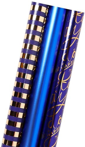 3 Rolle Hochwertiges Blau Geschenkpapier Geburtstag 43cm x 3m,Happy Birthday Geschenkpapier für Männer,Jungen,Geschenkverpackung Papier für Kindertag,Vatertag