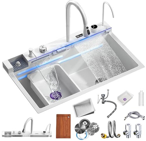 Lavello da cucina intelligente con rubinetto monoblocco e display digitale, doppia uscita acqua, lavello in acciaio inox per lavastoviglie