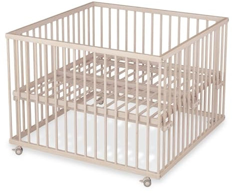 Sämann Laufstall Baby mit Lattenrost und 3 Schlupfsprossen | stufenlos höhenverstellbar | Laufgitter Premium | Babybett aus Holz | Krabbelgitter (natur, 100x100 cm)