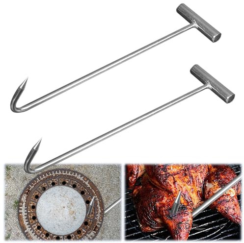 ZOYDP 2 Stück T-haken Kanaldeckelheber, 30 cm Schachthaken Stahl, Gullideckel Haken mit Spitze, Tragbar Kanaldeckelhaken, Haken Hebewerkzeug für Gullideckel und Fleisch Aufhängen, Fleischhaken