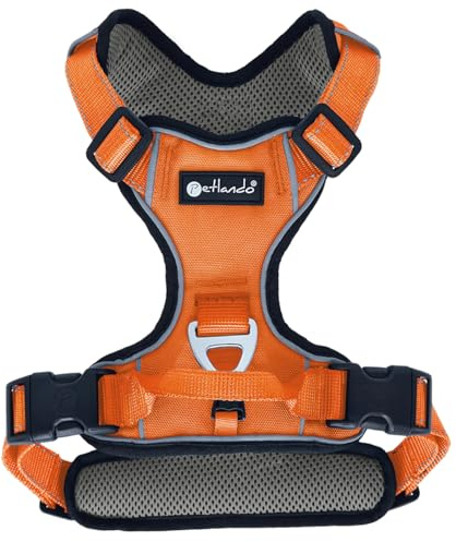 Petlando Hundegeschirr Outdoor – stark reflektierend, gepolstert, atmungsaktiv, robust, stufenlos verstellbar, Zwei D-Ringe – Orange, M (Halsumfang 42-54cm, Brustumfang 56-68cm)