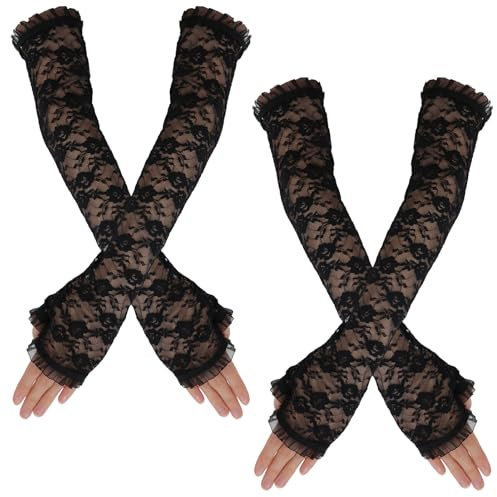 SEAUR Damen Armstulpen Spitze Fingerlose Handschuhe Schwarz Gothic Punk Lange Handschuhe für Party Cosplay Karneval Halloween - 2 Paar