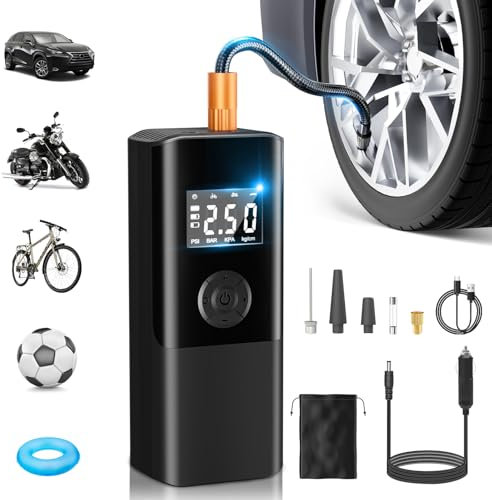AOKBON Gonfleur Pneus Voiture 6000 mAh Compresseur à Air Portatif 150 PSI Mini Pompe à Air Électrique 12 V DC Rechargeable avec Écran LCD Lampe LED Charge USB pour Vélo Auto Moto Balle