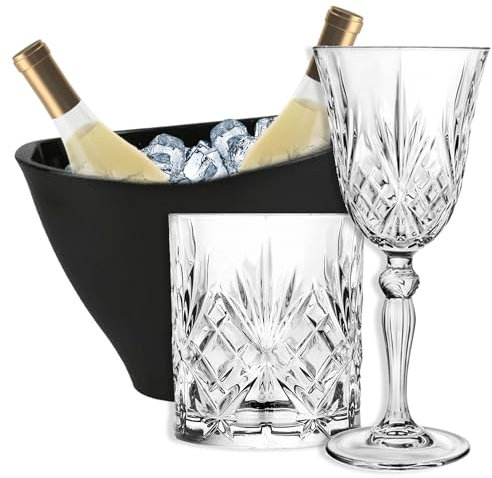 Sicignano | Set 6 Calici CL.27 con 6 Bicchieri CL.34 Melodia per Vino Acqua Whisky Liquori Cocktail, Cristallo Ecologico, Trasparenti, Resistenti - Omaggio Secchiello Champagne Nero 2 Bottiglie