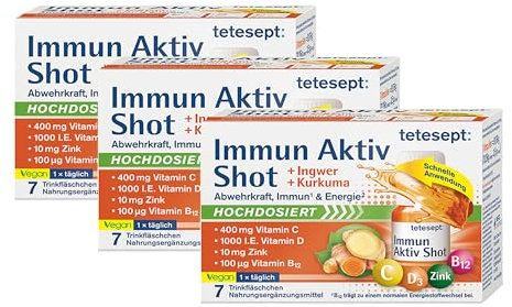 tetesept Immun Aktiv Kurkuma-Ingwer Shot [21 Trinkfläschchen] Hochdosierter mit Vitamin D, C, B12 und Zink - Multi-Nährstoffkomplex für das Immunsystem