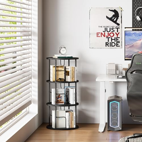 Flycity 360° Drehbares Bücherregal aus Holz, Standregal mit 3 Verstellbaren Ebenen, 45×45×97 cm, Schwarz, Ideal für Bücher und Deko