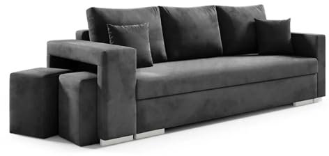 SeproMeble Schlafsofa Tango, Sofa mit Schlaffunktion und Bettkasten, Klappsofa, Schlafcouch inkl. Zwei Puffer, Veloursstoff, Couch in Frabe: Grau