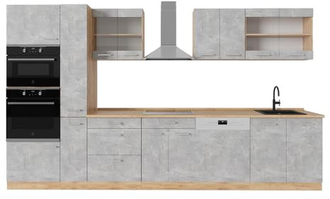 Vicco Küchenzeile R-Line, Beton/Goldkraft Eiche, 350 cm ohne Arbeitsplatte
