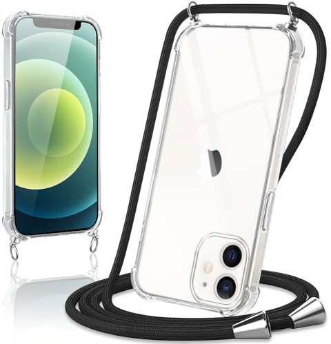 Coiwxmoi Coque avec Cordon pour iPhone 12 Mini 5,4, Collier Réglable Téléphone Étui Portable Lanyard Case Transparent Ultra Souple Silicone Housse Antichoc Protection Cover pour iPhone 12 Mini, Noir