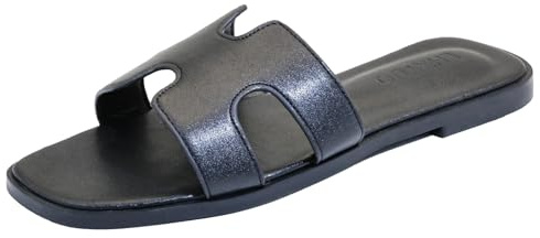 Women's Flat Sandals, Ladies Slip on Leather Slippers, Comfy Dressy Flat Shoes Elegant Slides Summer Fall Cute Open Toe Casual (Black, Adult, Women, 10, Numeric, UK Footwear Size System, Medium)