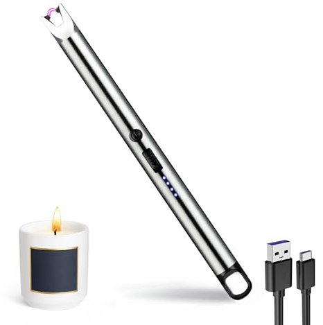 JIEYUCHU Stabfeuerzeug, Lichtbogen Feuerzeug Elektrisch, Stabfeuerzeug USB Aufladbar, Plasma Kerzenanzünder, Winddichte Flammenlose für Kerzen Anzünden, Küche, Camping, Kamin (Silber)