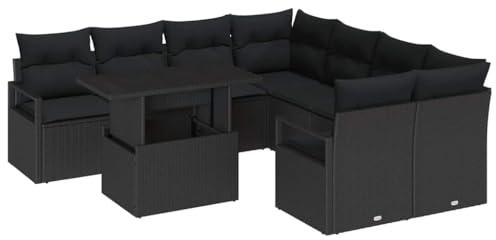 vidaXL 9-teiliges Garten-Sofa-Set mit Kissen, Outdoor Poly Rattan, Schwarz, verstellbare Füße, Bequeme Sitzgelegenheit, modernes Design für den Garten, die Terrasse und Moderne Wohn- und Essbereiche