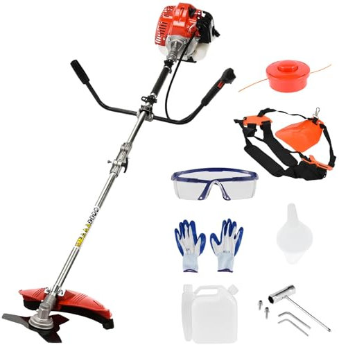 Reheyre Tagliasiepi a zaino a gas, forte e potente, completo funzionante, 52 cc, 2 tempi, albero dritto, tagliasiepi rosso