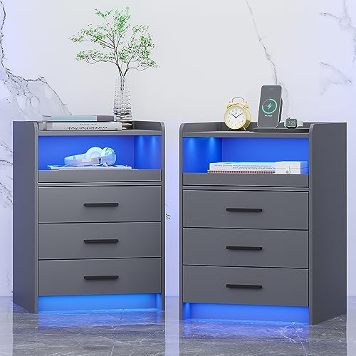 FREDEES Nachttisch 2er Set mit Ladefunktion, LED Nachttisch mit RGB-Licht und menschlichem Sensor-Design, Bedside Table mit 3 Schubladen für Schlafzimmer Wohnzimmer Büro, Grau
