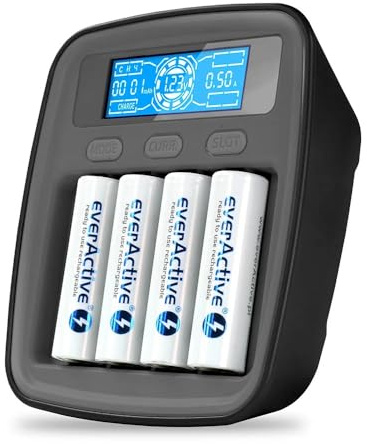 everActive Ladegerät für NI-MH, NI-Cd, 1-4x R6/AA, R03/AAA, professionell und schnell, USB-C NI-MH prozessorgesteuert mit Entladung und Kapazitätsmessung Modell: NC-1000M