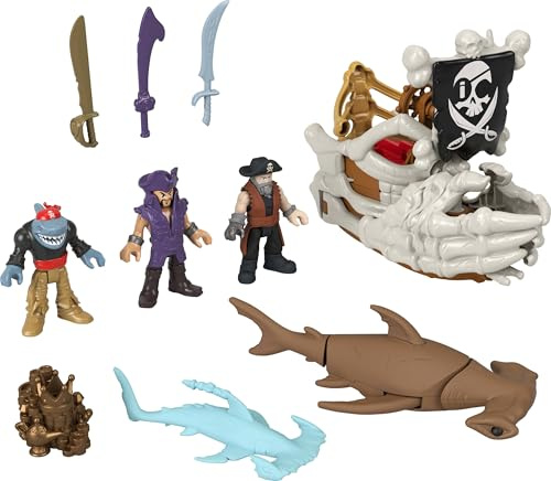 Imaginext Billy Bones Piratenschiff-Spielset mit Zubehör | 3 Action-Figuren und Piratenboot mit Skelett-Händen und Katapult, 7 Zubehörteile für Piratenabenteuer, JLC51
