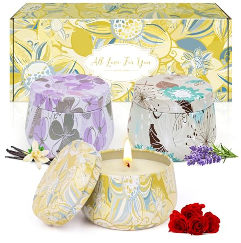 Duftkerzen Kleine Geschenke für Frauen,Perfekt Weihnachtsgeschenke,3 Pack Aromatherapie Kerzen zum Stressabba | Rose, Lavendel, Vanille | Sojawachskerze,Langer Brenndauer
