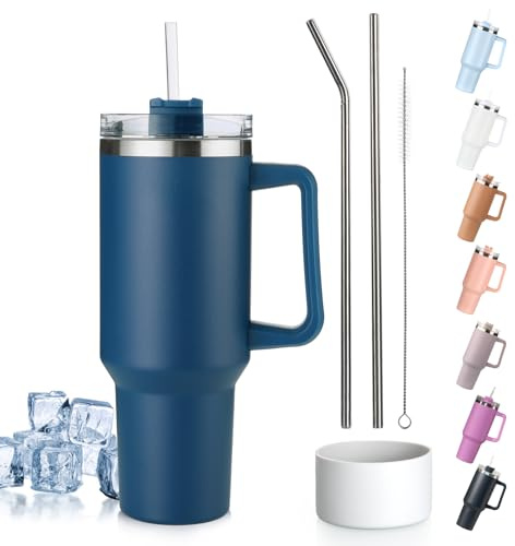 Tuocal 40oz Tumbler with Handle and Straw + 2 Stainless Steel Straws + Silicone Boot, 1180 ml Double Wall Vacuum Insulated Cup, Car Coffee Mug, Travel Water Bottle for Hot Iced Coffee, Denim Blue