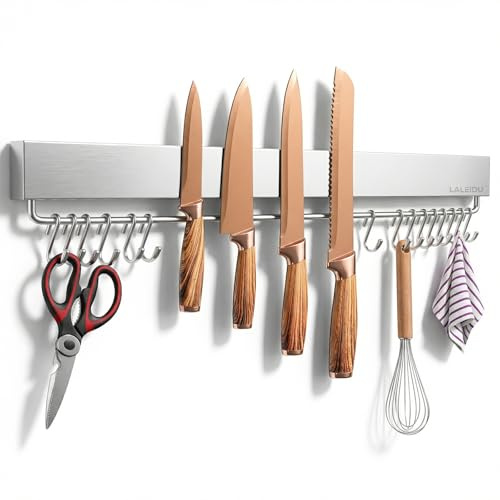 LALEIDU Magnetleiste Messer 59 CM - Starker Magnetischer Messerhalter mit Klebeband/Schrauben/ 15 Haken - Edelstahl Magnet Messerhalter für Messer, Unbestückte Messerblöck