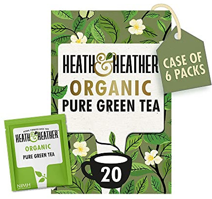 Heath & Heather Organic Pure Green Tea | Individually Wrapped Caffeine-Free Herbal Tea Infusions | 6 Packs of 20, Total 120 Tea Bags