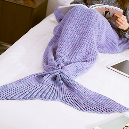 Wuiyepo Meerjungfrau Decke Alle Jahreszeiten gestrickte handgemachte Schlafende Decke Tasche Schlafende gemütliche Meerjungfrau für Erwachsene Teens (lila-185 cm x 89 cm)