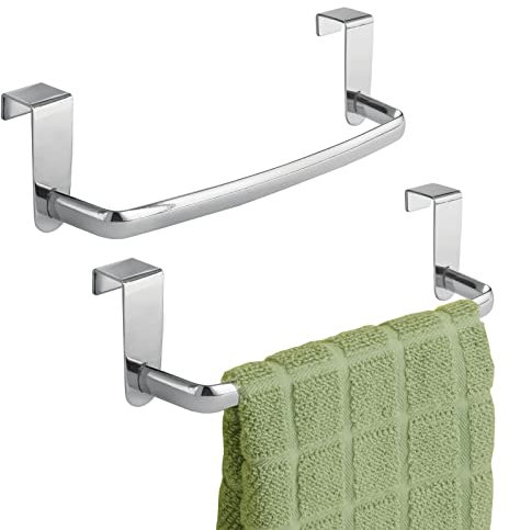 mDesign Set of 2 Tea Towel Holder – Over Door Towel Rail with No Drilling Required – Kitchen Towel Holder Ideal for Kitchens & Bathrooms – Chrome