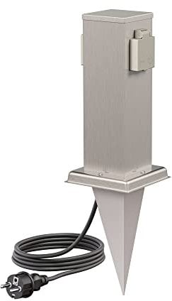 ledscom.de Polly Pilar de Enchufe de jardín con piqueta de Tierra y Cable de 2m para Exteriores, IP44, 2 Ganchos, Acero Inoxidable, Cuadrado, 27cm
