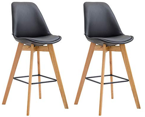CLP 2er Set Barhocker Metz Mit Kunstlederbezug | Thekenhocker Mit Vierfußgestell Aus Eichenholz Und Fußstütze | Barstuhl Mit Lehne, Farbe:schwarz, Gestell Farbe:Natur