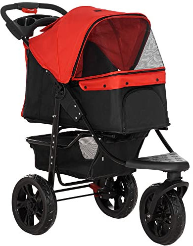 PawHut Faltbarer Hundewagen Haustierwagen Kleiner Hundewagen mit 3 Rädern Mesh-Fenster Aufbewahrungskorb und Sicherheitsgurten 109,5x57,5x106,5 cm Rot