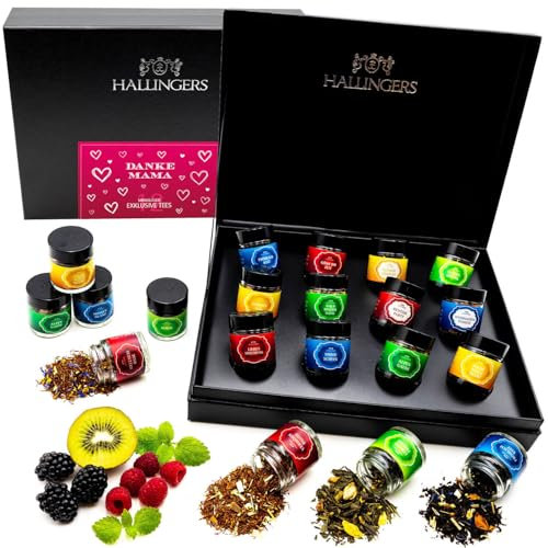 Hallingers Danke Mama - Muttertagsgeschenk 12 Sorten Tee Geschenkset mit Box vegan zum Muttertag für Mama Mutter Oma (Set) - Geschenk im Sommer & als perfektes Grillgeschenk | Genesung Jahrestag Danke
