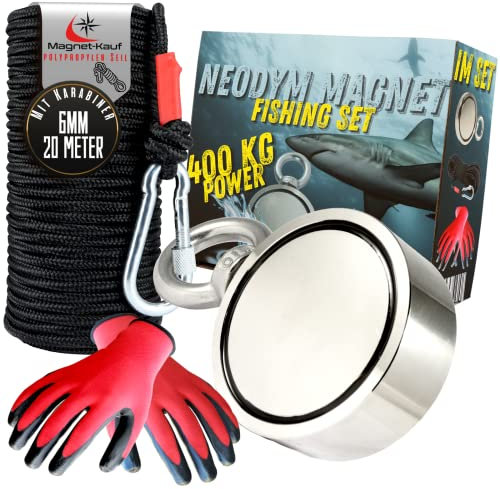 Neodym Magnetangel Set - 400KG Zugkraft 67mm - Bergemagnet Magnetfischen Komplettset mit 20m Seil Wasserfeste Handschuhe für Magnet Fischen