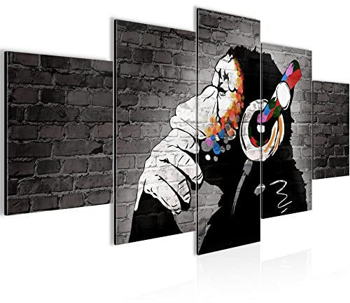 Runa Art - Bilder Affe mit Kopfhörer 200 x 100 cm 5 Teilig XXL Wanddekoration Design Bunt 042551b