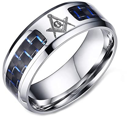 KnSam Herren Ringe 8MM, Edelstahl Ring Bandring Freimaurer Kohlefaser für Männer, Silber, Gr.67 (21.3)