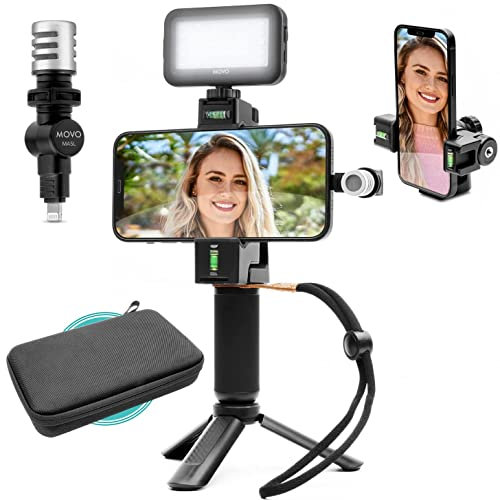 Movo iVlog Starter-Kit – Smartphone-Video-Vlogging-Kit für iPhone – inklusive Lightning-Mikrofon, LED-Video-Licht, Handyhalterung, Griff und Mini-Stativ
