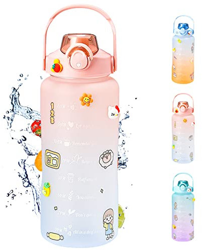 TIAASTAP Kawaii Botella de agua deportiva de 2 litros con marcador de tiempo, sin BPA, botella de agua motivacional grande (B degradado rosa)