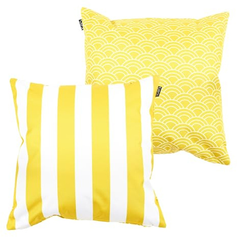 Bean Bag Bazaar Outdoor Cushions Filled, Stripe Collection, 2 Pack, Yellow | Made in the UK, 43cm x 43cm, Durable Water-Resistant Fabric, Outdoor Cushions for Garden Furniture, Garden and Patio