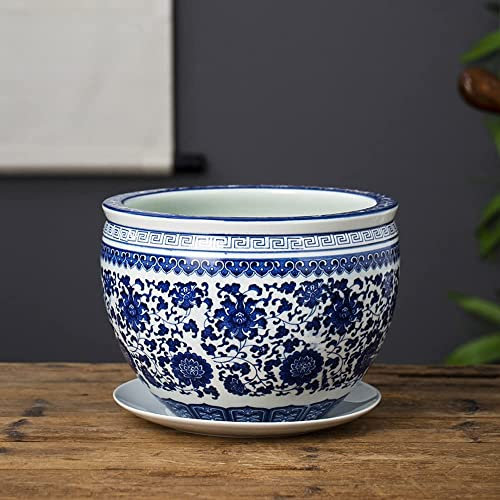 BUNCC Bonsai-Blumentopf aus Keramik, blau-weißer Porzellan-Orchideentopf, chinesischer Stil, handgezeichnetes Muster, Blumentopf für den Innenbereich, mit Drainageloch und Keramikschale für Sukkulente