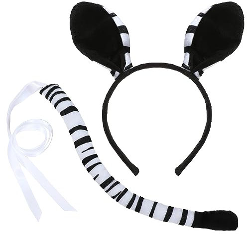 XEPST Tier Zebra Kostüm Set - Ohren Stirnband und Schwanz für Tierkostüm Cosplay, Geburtstagsparty, Halloween Zubehör