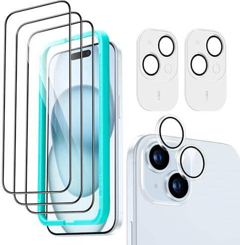 ESR iPhone 15 für Panzerglas, 3 Displayschutzfolien aus gehärtetem Glas und 2 Set einzelner Kamera Schutzfolien, 2,5D Gebogene Kanten, vollständiger Militärnorm Schutz, Kratzfest