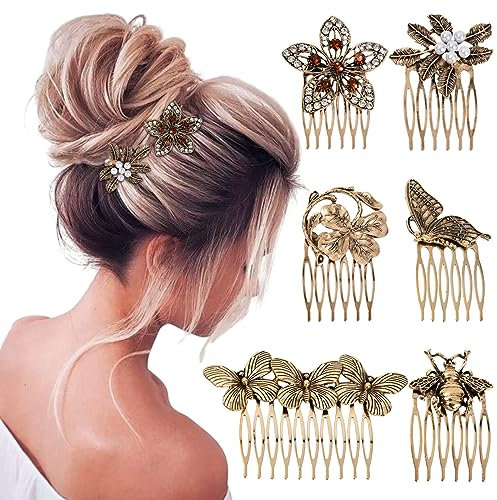 6 Stück Vintage Haar Seitenkämme für Frauen Dekorativ,Retro Gold Blume Perle Kopfschmuck, Strass Metall Haarkamm Clips mit Zähnen Griff,Kristall Haarkämme haarschmuck hochzeit für Frauen und Mädchen
