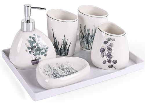 XYQXYQ Elegantes 6-teiliges Keramik-Badezimmer-Set ausgestattet mit Lotionspender Mundspülbecher Make-up-Teller Seifenteller Zahnbürstenhalter und Tablett modernes Badezimmer-Dekorationsset (Baum)