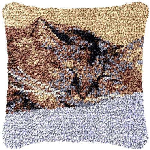 GSAEIMCT Diy-Häkelkissen-Kissenbezug-Set Für Anfänger – Schlafender Katzen-Kissenbezug, Knüpfhaken-Stickset, Kreative Handarbeit, Kreuzstich, Basteln, Heim-Sofa-Dekormatte, Geschenk, 43 X 43 Cm