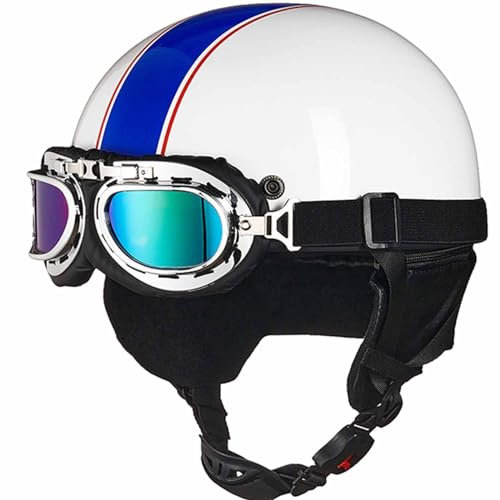 Vintage Casques Moto Bols Demi-Casque de Mobylette Casque Face Ouverte ECE Homologué Casque Jet avec Lunettes pour Cruiser Scoote Casque de Sécurité 1,54-60cm